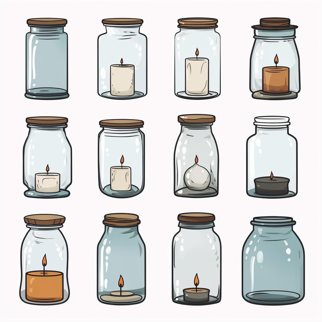 A variety of used glass candle jars of different shapes and sizes.