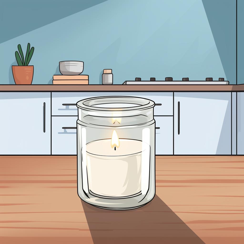 A cleaned glass candle jar, free from wax, on a kitchen counter.