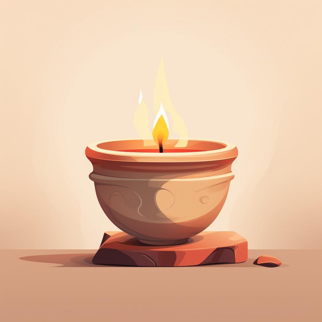 A lit candle inside a clay pot, casting a warm glow.