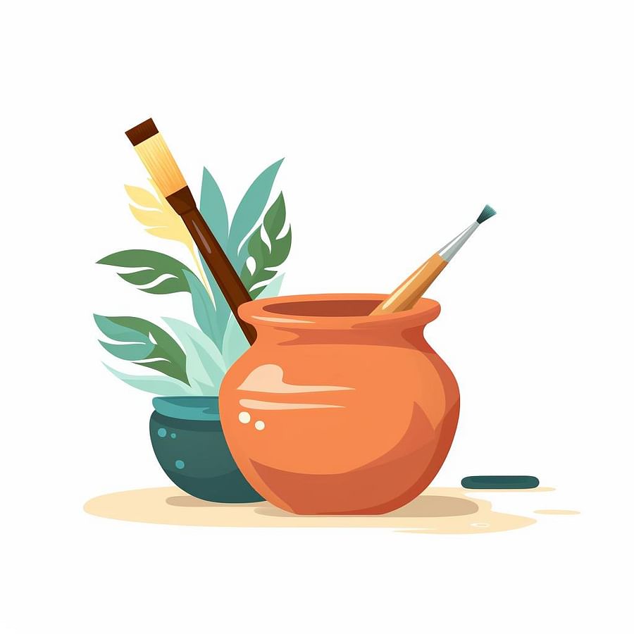 A clean clay pot with paint and a paintbrush next to it.