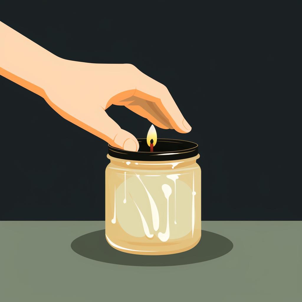 A hand removing leftover wick from an empty candle jar