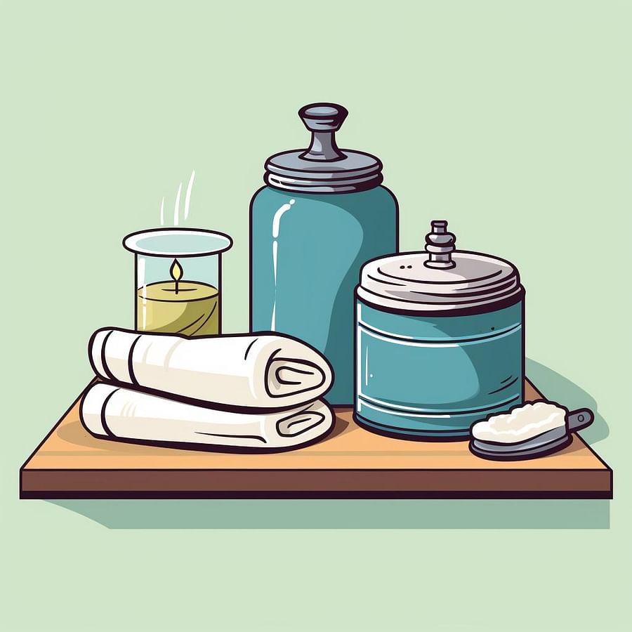 A pot, tongs, oven mitt, towel, and a candle jar on a clean table.