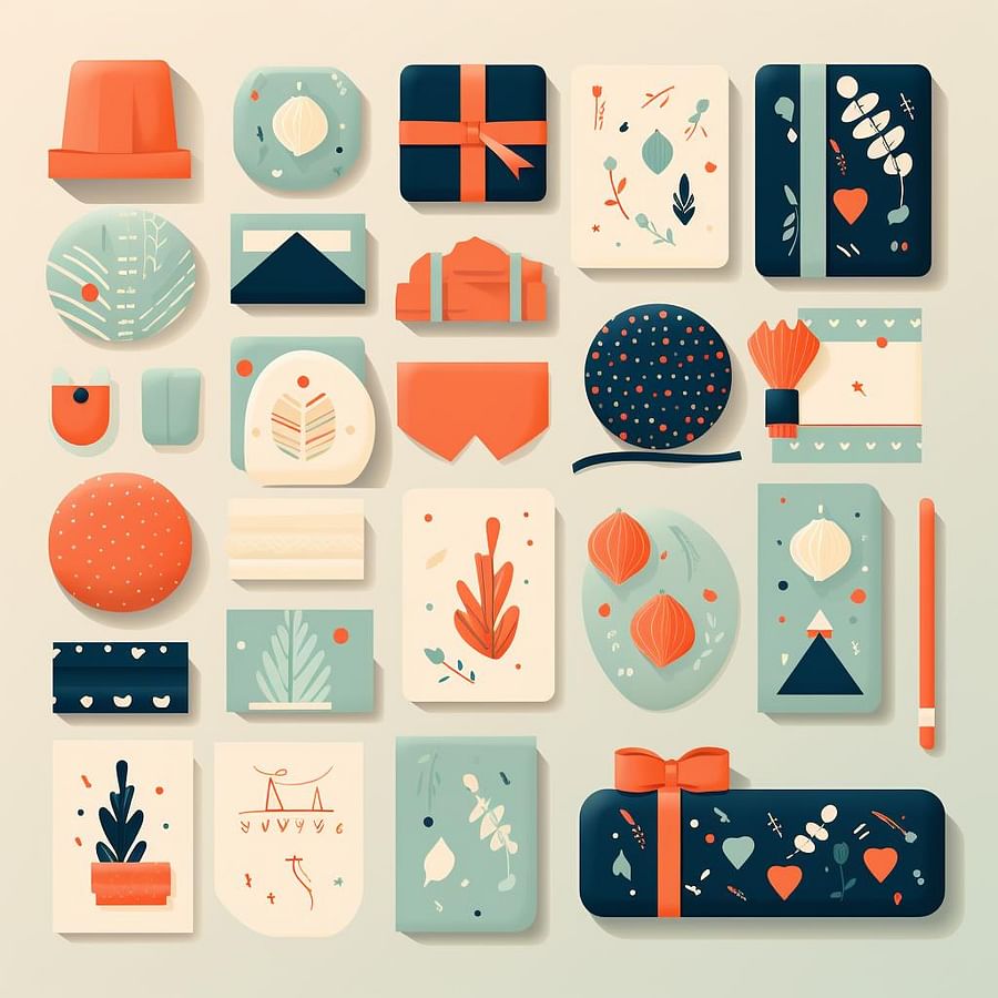 A selection of packaging materials including cardstock, ribbons, and stickers