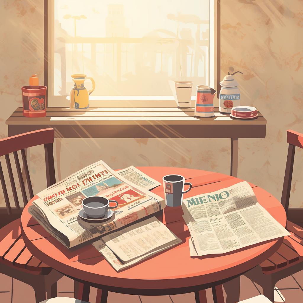 A table covered with newspapers.