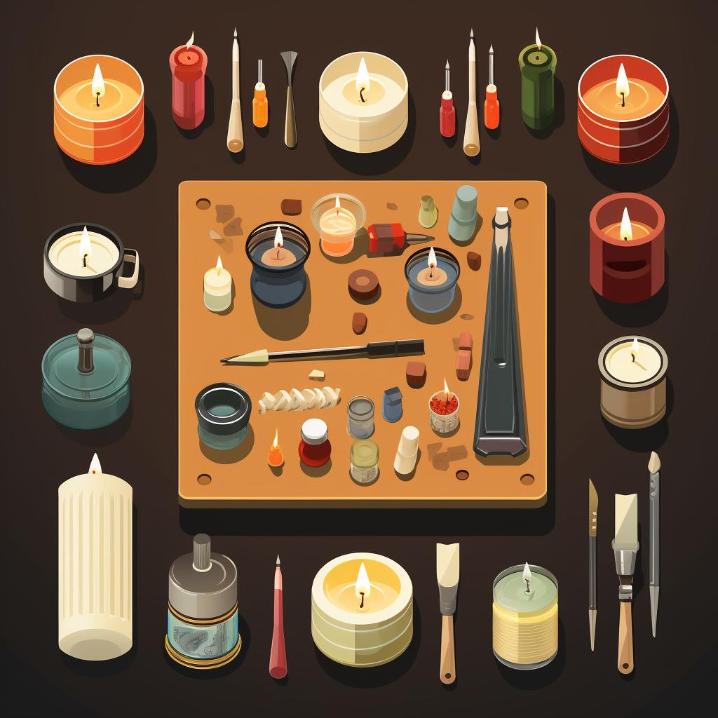 Candle making tools and materials neatly arranged on a table.