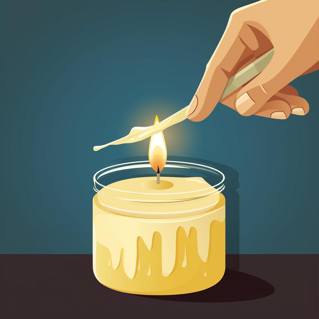 A hand using a butter knife to remove frozen wax from a candle jar