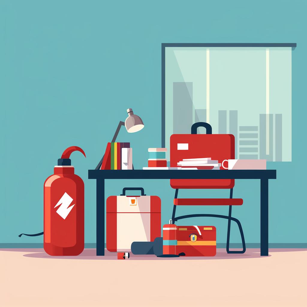 A fire extinguisher and first aid kit placed near the workspace.