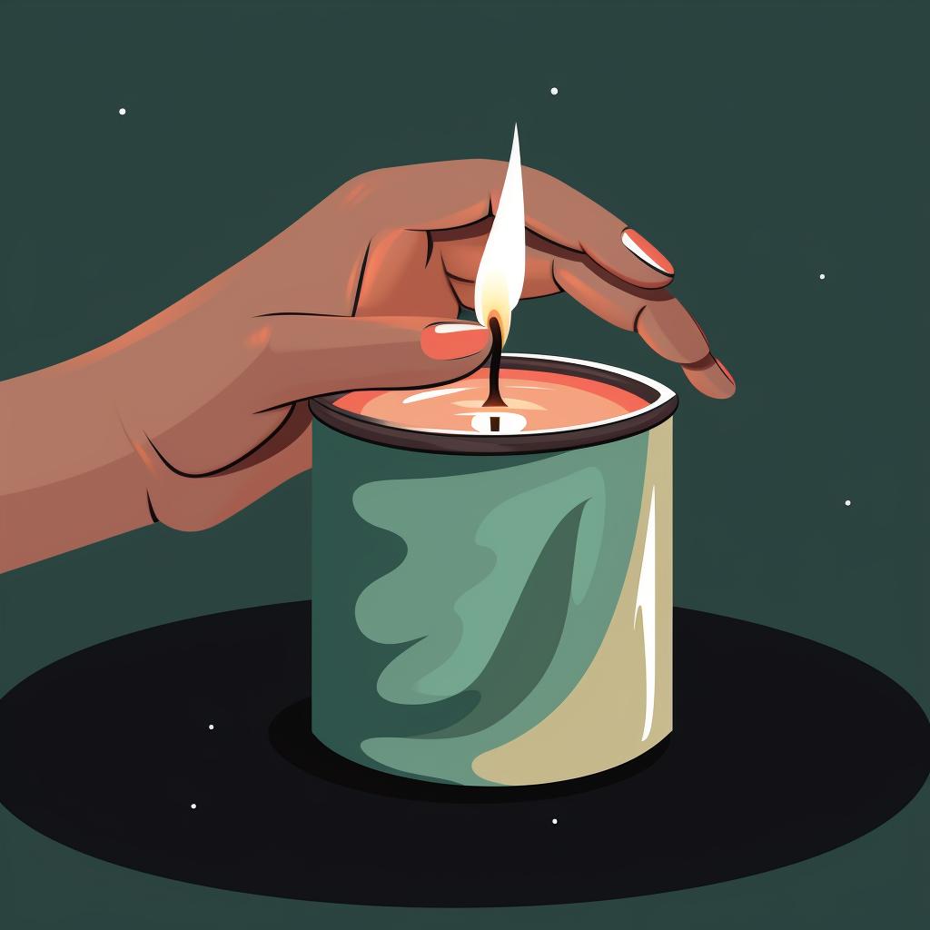 A hand placing a candle inside the painted can.