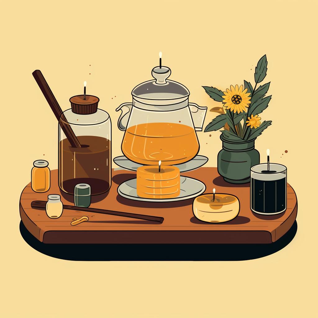 A table laid out with beeswax, a double boiler, a candle wick, a wick holder, a candle container, a thermometer, essential oils, and natural dyes.