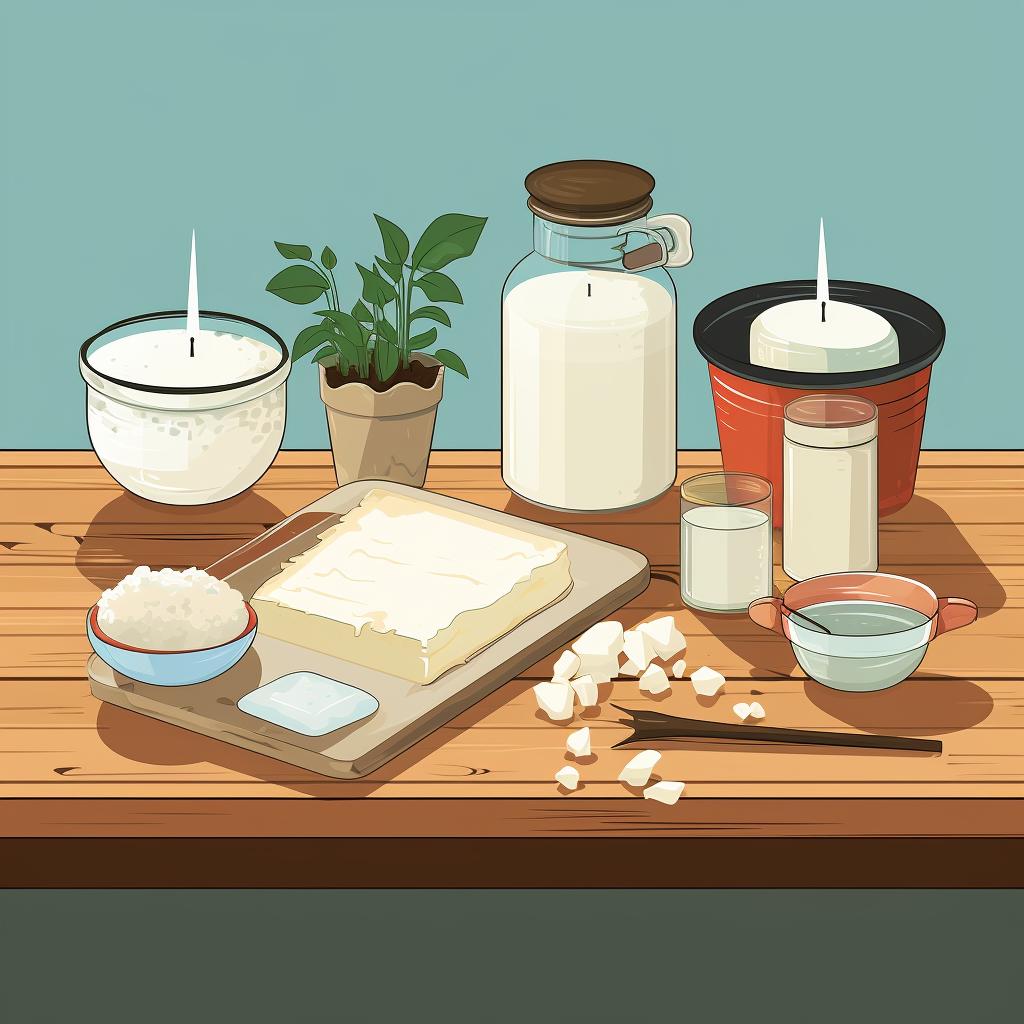 Materials for soy wax candle making spread out on a table