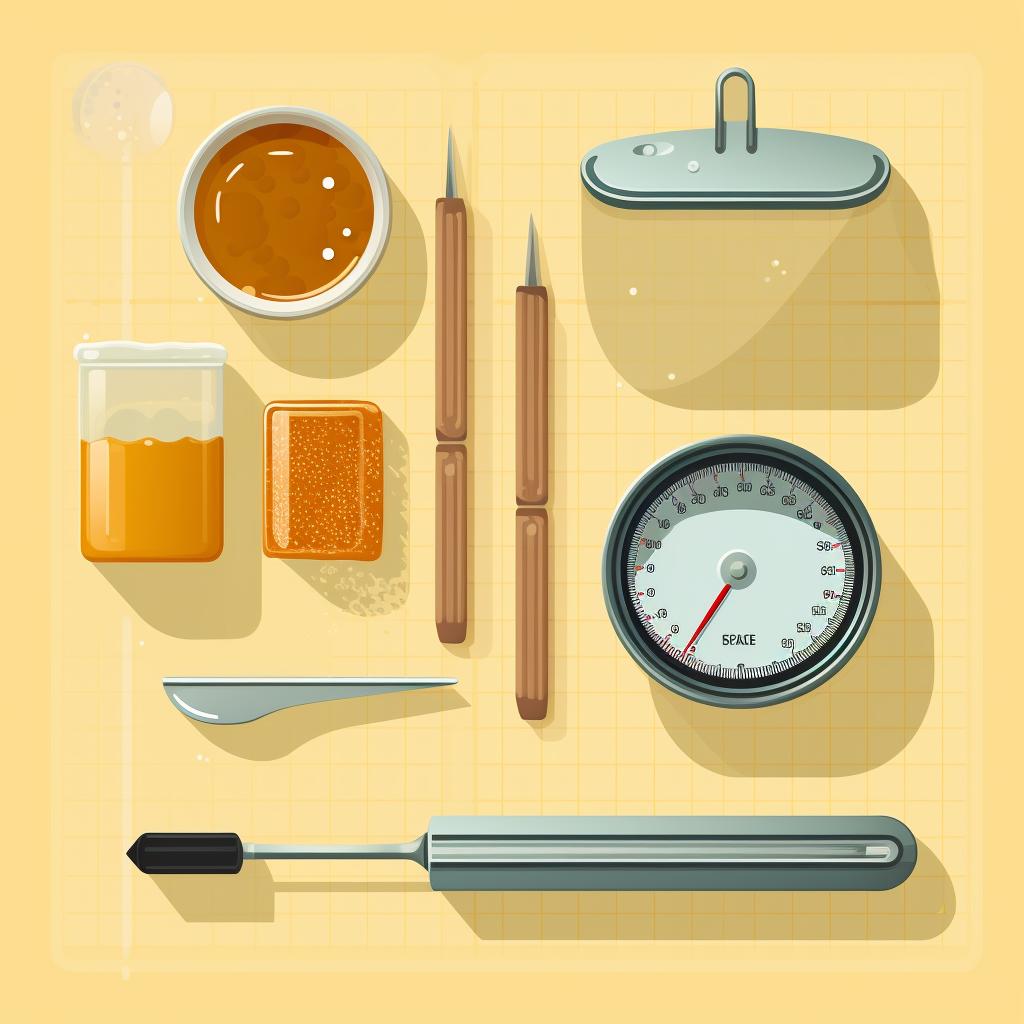 A flat lay of beeswax, a double boiler, wicks, a mold, and a thermometer.