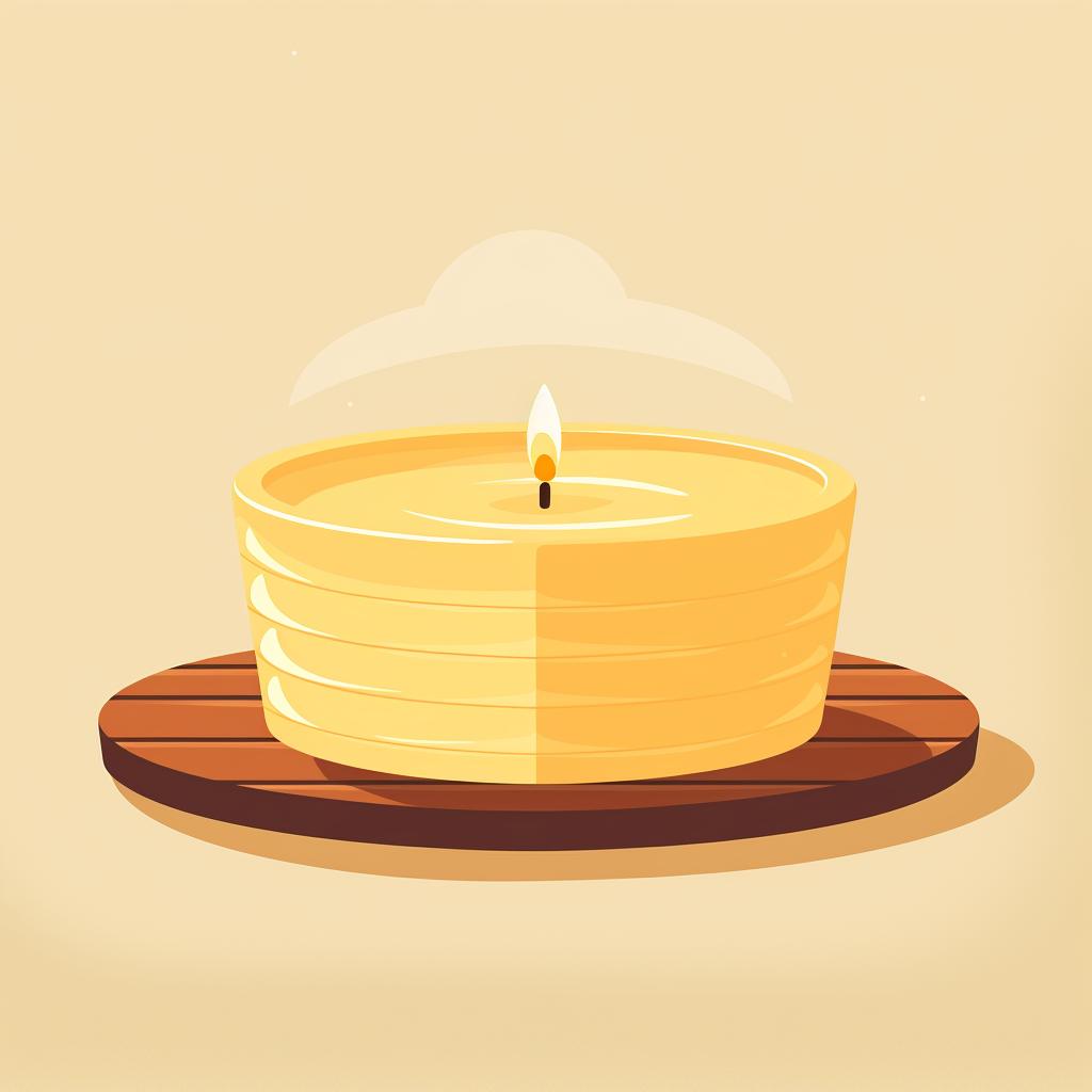A beeswax candle in a container, solidifying on a table.