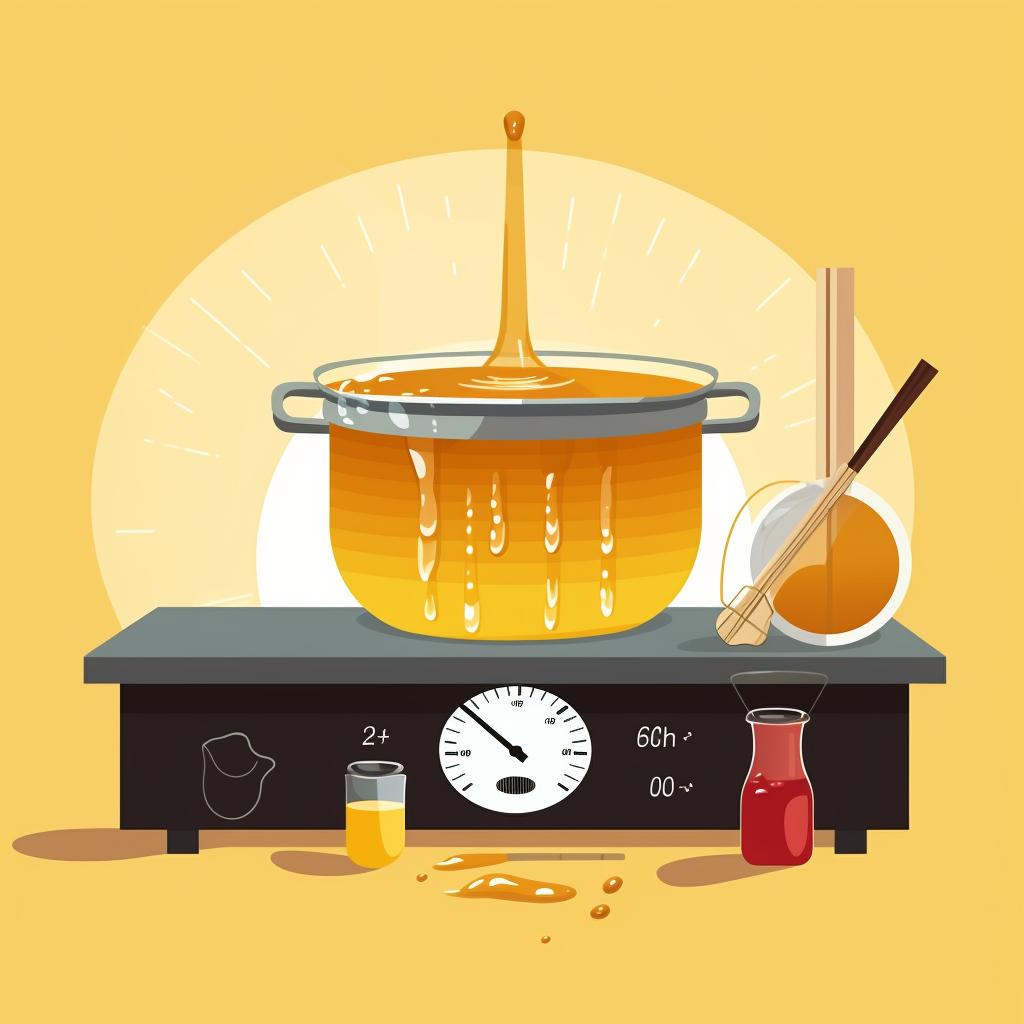 Beeswax melting in a double boiler on a stove, with a thermometer in the wax.
