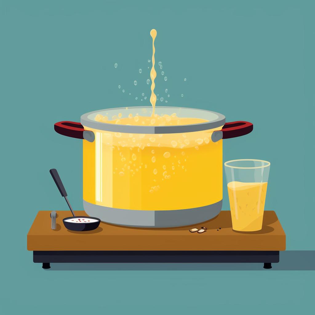 Beeswax melting in a double boiler, with a thermometer showing the temperature.