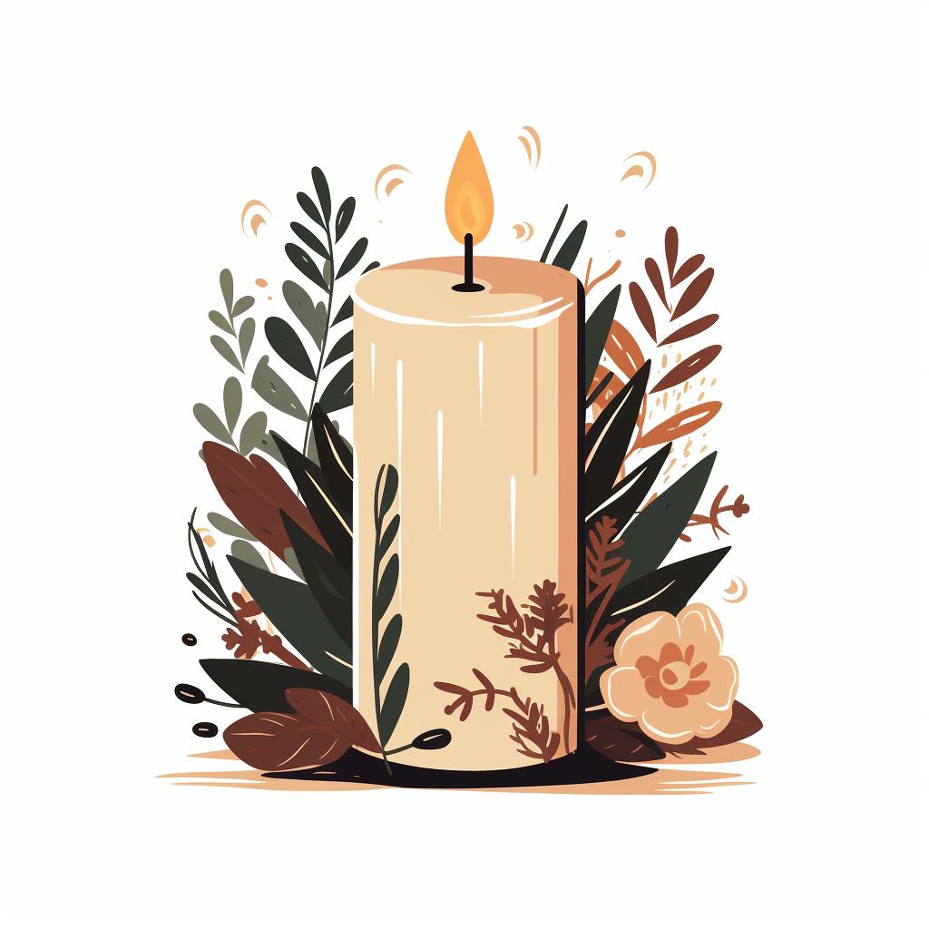 A candle decorated with dried flowers and leaves