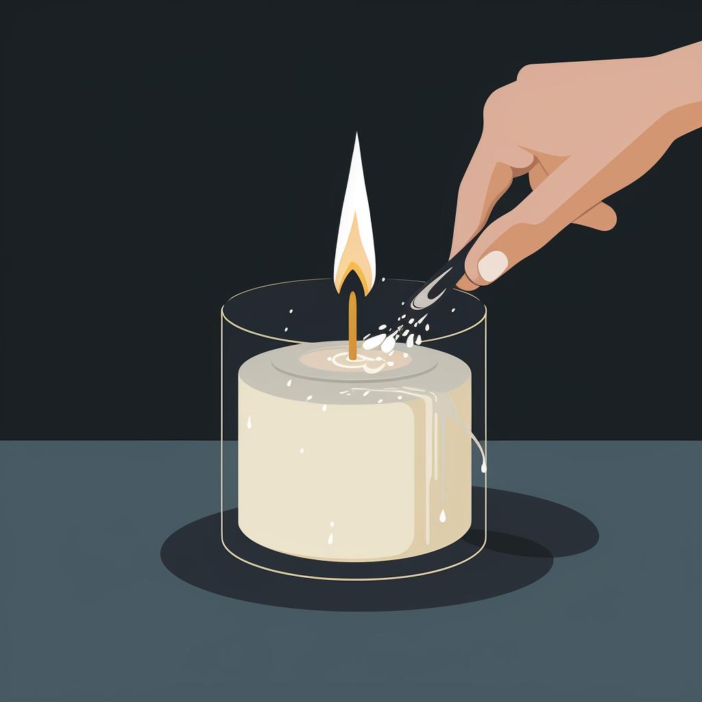 A wick being secured to the bottom of a candle mold.