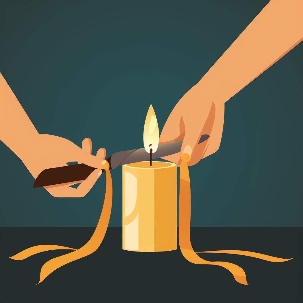 A hand holding scissors, trimming the wick of a solid beeswax candle.